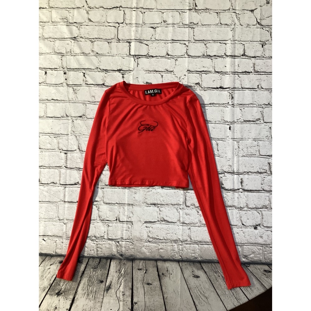 I.AM.GIA Brigid Red Long Sleeve Crop Top Black Embroidered Logo Small